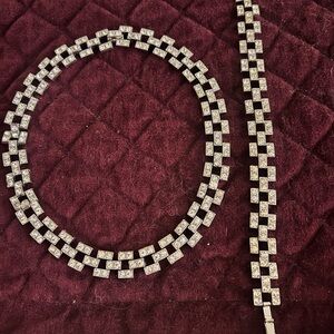 Vintage Rhinestone Elegant Silver Necklace and Bracelet Set